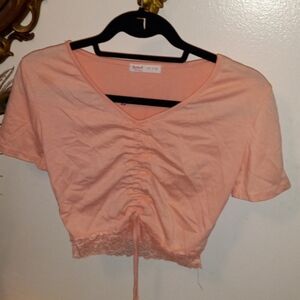 ROMWE Peach Ruched V-Neck Lace-Hem Crop Top